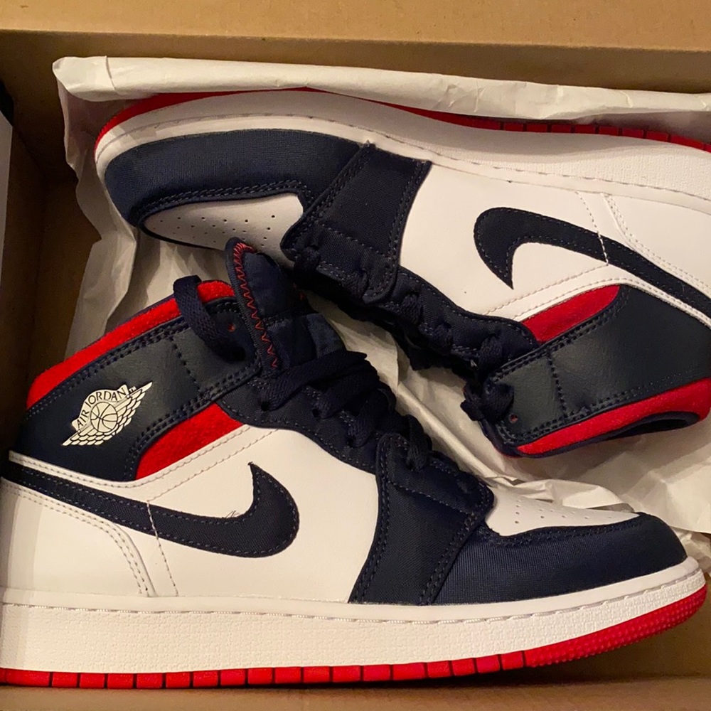 Air Jordan Mid 1s. Navy blue, white and red. Size 6.5Y